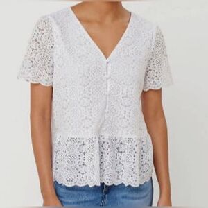 LOFT White Dainty Lace Peplum Button Down Short Sleeve Blouse sz M